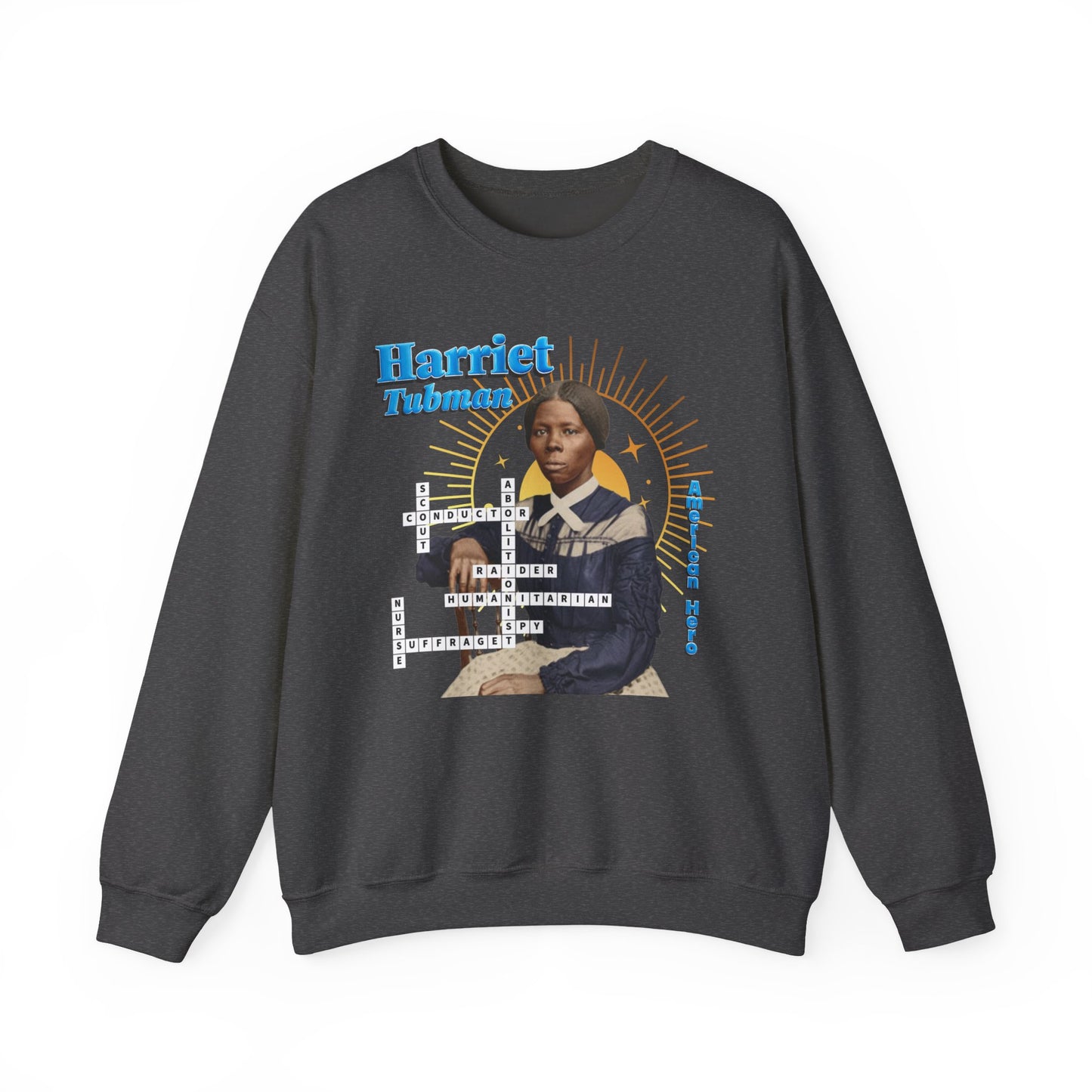 Harriet Tubman Crewneck Sweatshirt — Black History Tribute, muted colors with blue text
